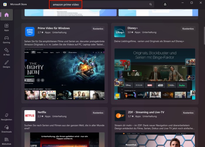 Amazon Prime Video in Microsoft Store suchen