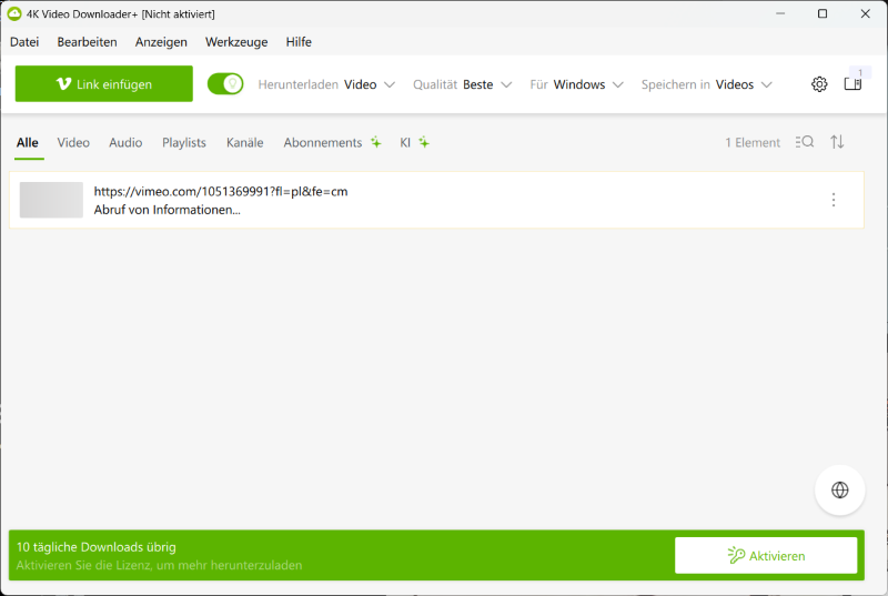 Analyse von Vimeo-Videolinks auf 4K Video Downloader+