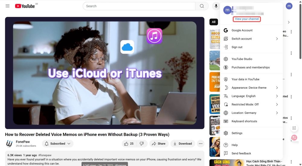 Auf „View your channel“ klicken