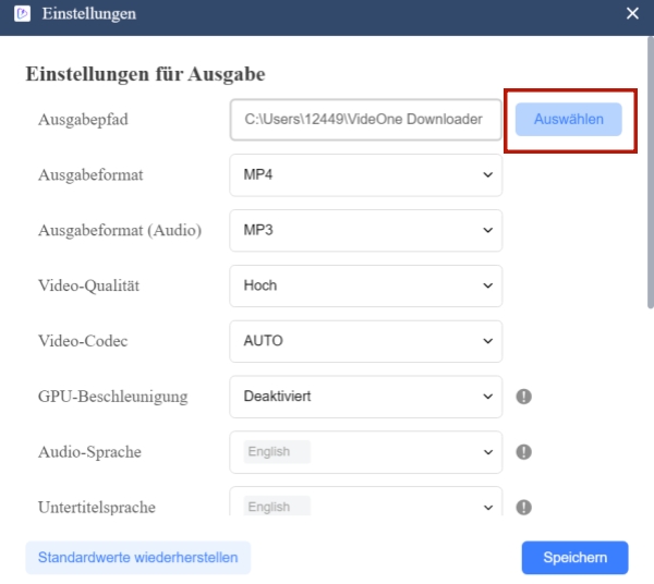 Ausgabepfad in VideOne Auswählen