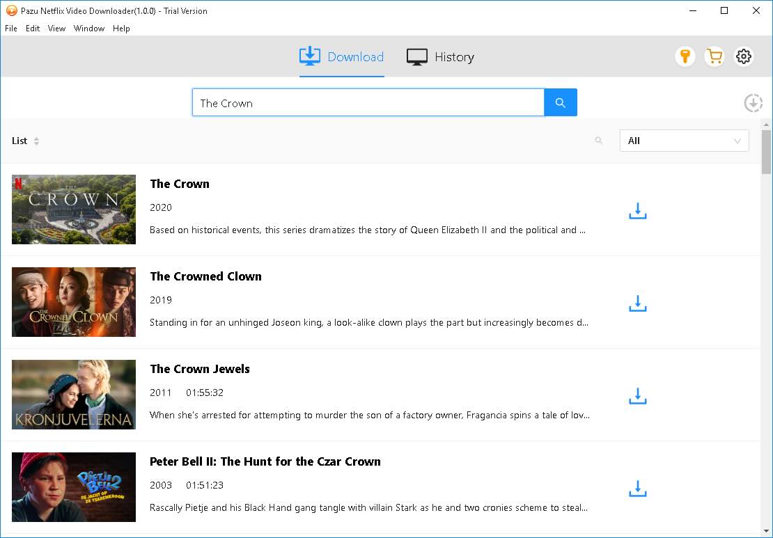 Benutzeroberfläche des Pazu Netflix Video Downloaders
