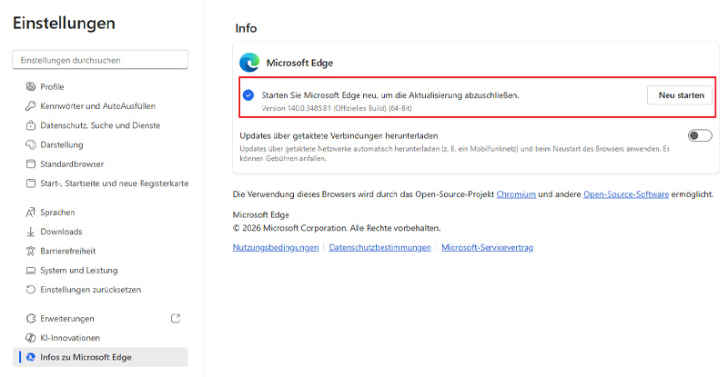 Browserversion von Edge prüfen und aktualisieren