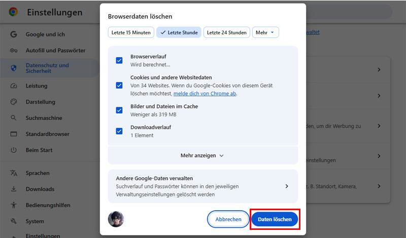 Chrome Browserdaten löschen