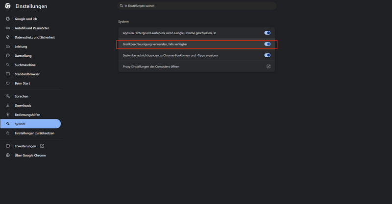 Die Grafikbeschleunigung in den Chrome Einstellungen deaktivieren
