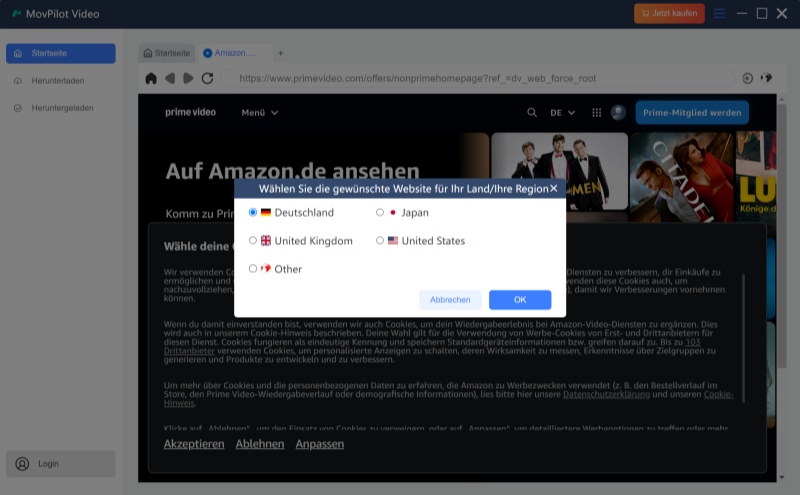 Deutschland als Region in MovPilot wählen