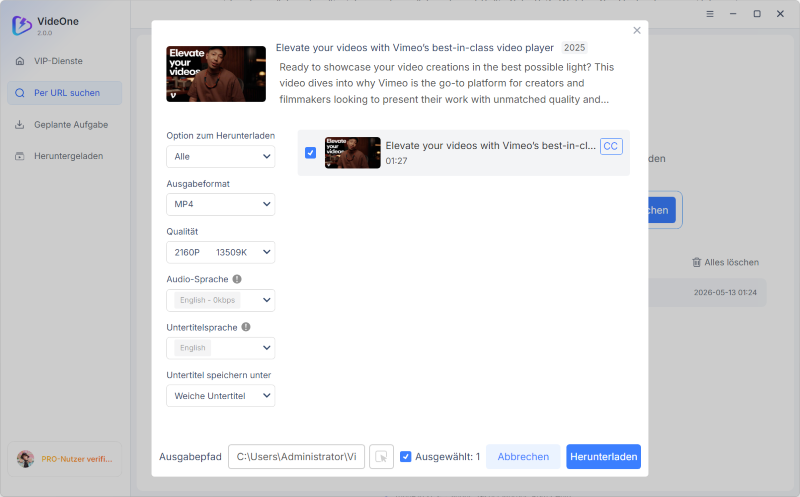Die Download-Option auf dem VideOne Downloader