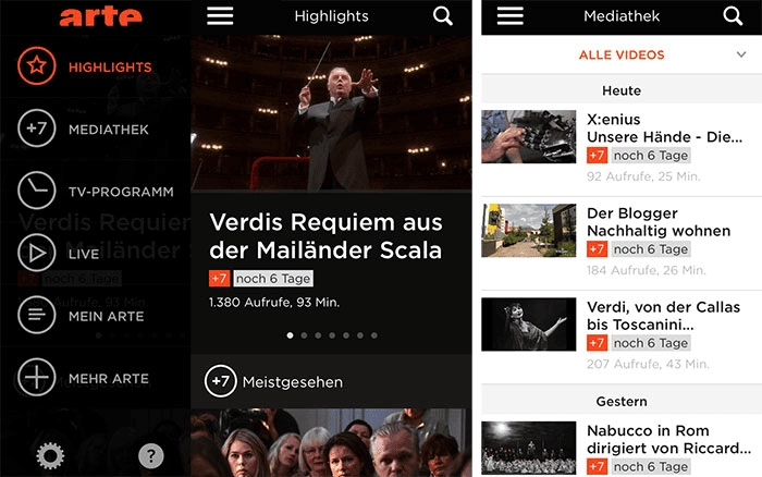 Die Hauptseite von Arte Mediathek APP