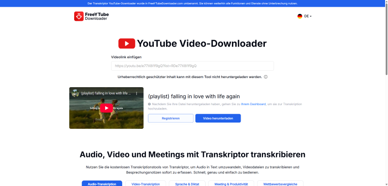 Die Hauptseite von FreeY Tube Downloader