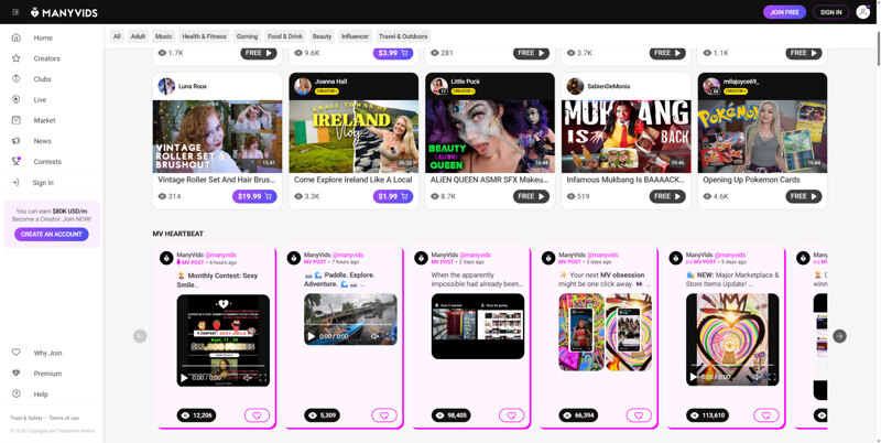 Die Hauptseite von ManyVids