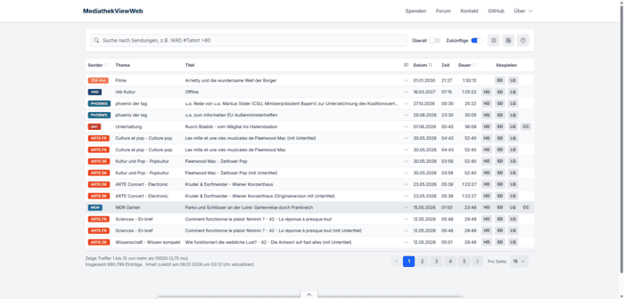 Die Hauptseite von MediathekViewWeb