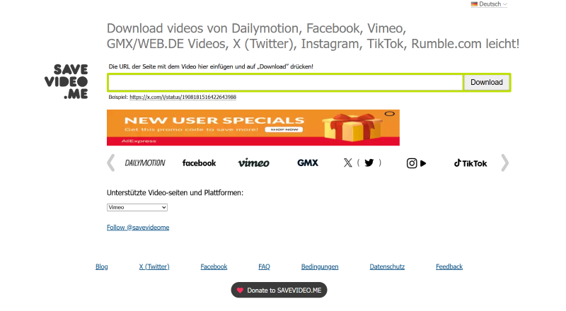 Die Hauptseite von SaveVideo.me