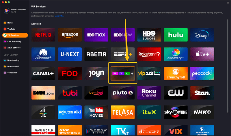 Die Hauptseite von Y2Mate RTL+ Downloader