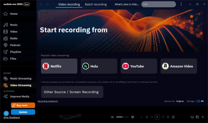 Die Startseite von Audials Joyn Downloader