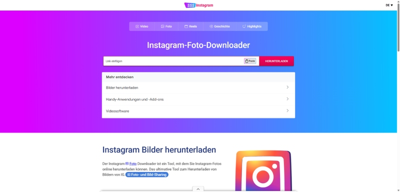 Die Startseite von SSSInstagram