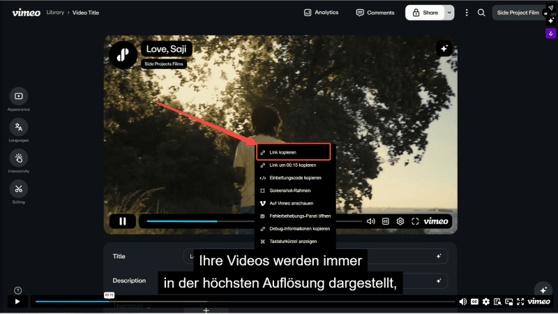 Die URL von Vimeo Video kopieren