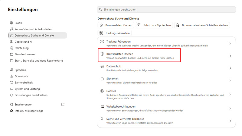 Edge Browserdaten finden