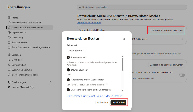 Edge Browserdaten löschen