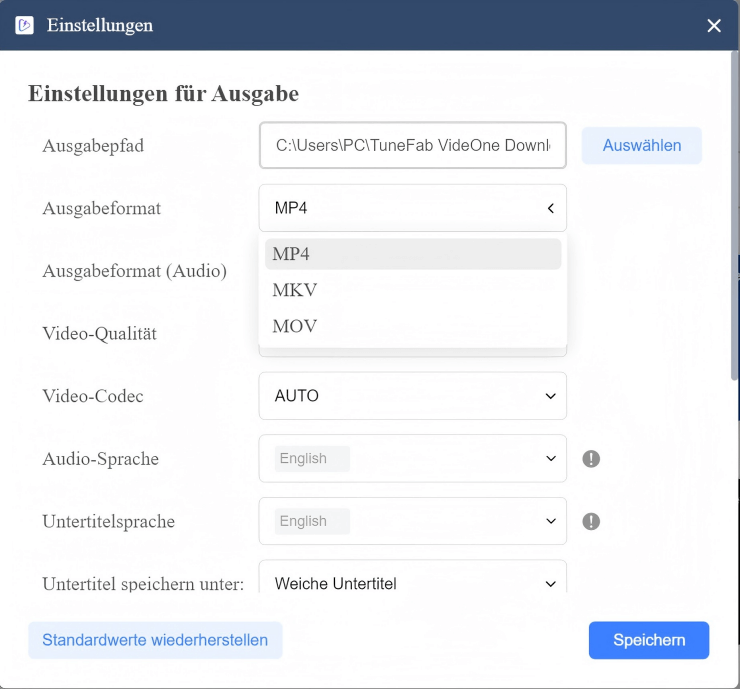 Standardeinstellungen ändern