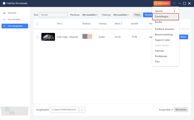 Einstellungen in VideOne