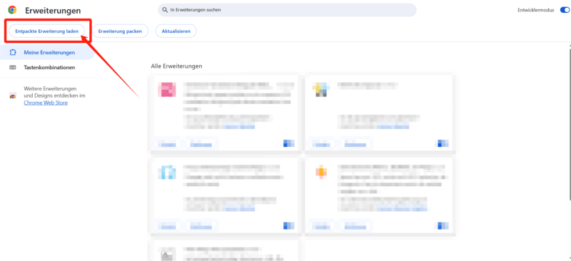 Entpackte Erweiterung im Chrome laden
