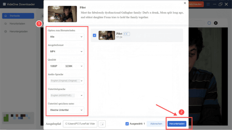 Filmparameter beim Download einstellen