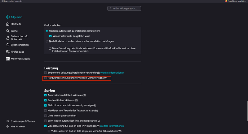 Die Hardwarebeschleunigung in den Firefox Einstellungen ausschalten