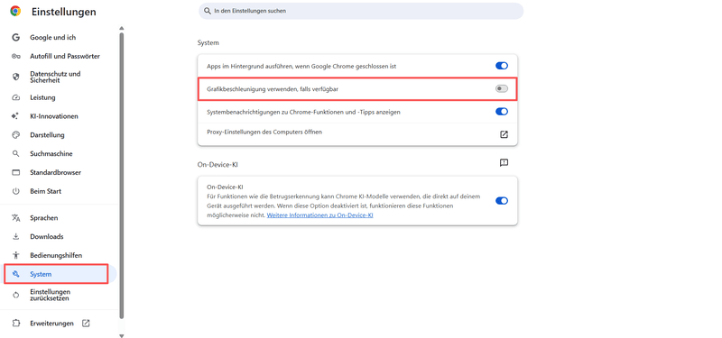 Grafikbeschleunigung in Google Chrome deaktivieren