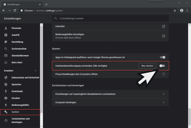 Hardwarebeschleunigung deaktivieren bei Google