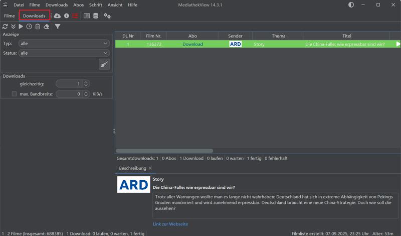 Heruntergeladenes ARD Mediathek Video im MediathekView anzeigen