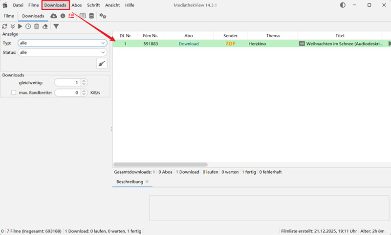 Heruntergeladenes ZDF Video im MediathekView anzeigen
