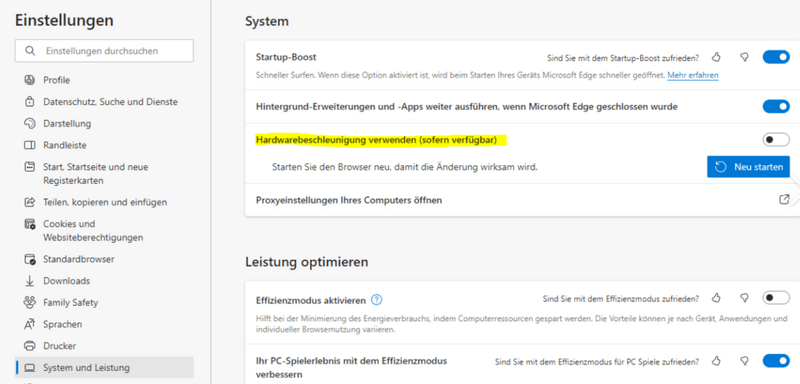 Die Hardwarebeschleunigung im Edge Browser deaktivieren