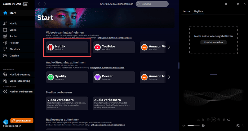 Netflix bei Audials One wählen