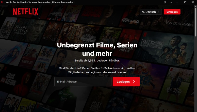 Netflix Homepage in PC-Programm