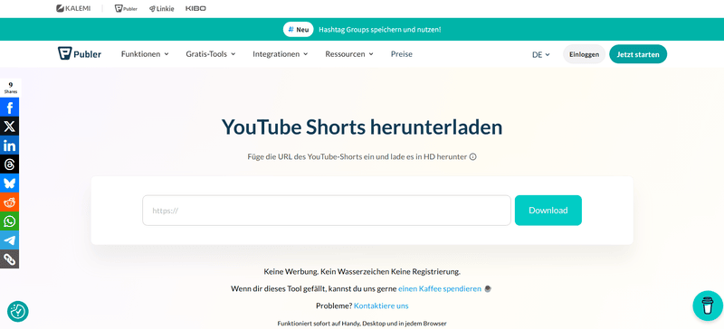 Publer YouTube Shorts Downloader Oberfläche