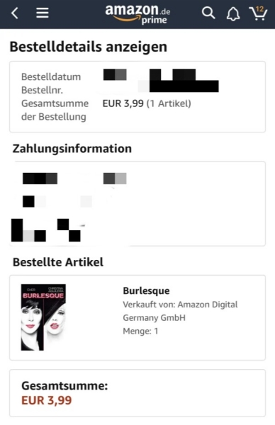 Rechnung eines gekauften Titels bei Amazon Prime Video