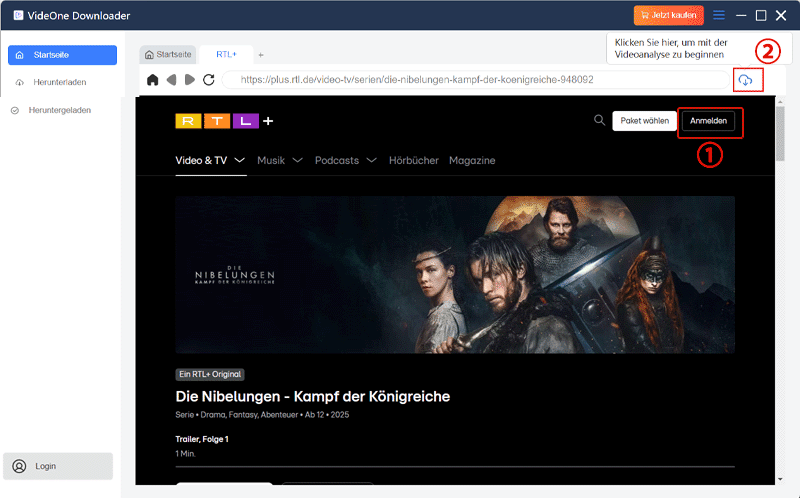 RTL Plus Konto sich anmelden und auf Download Symbol klicken