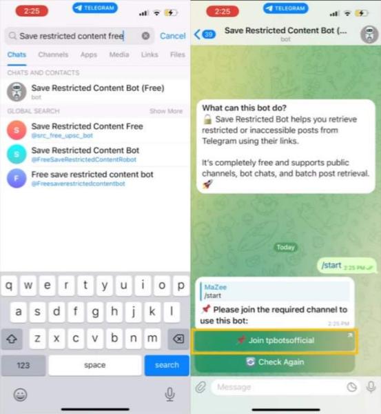 Save Restricted Content Bot als Kontakt hinzufügen