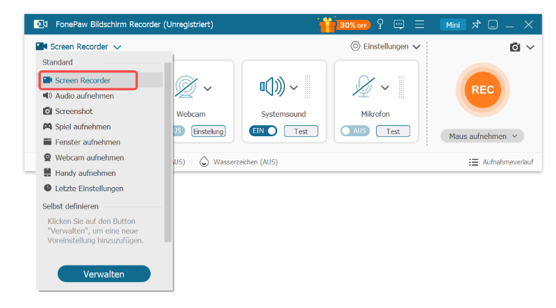 Bei FonePaw Screen Recorder auswählen