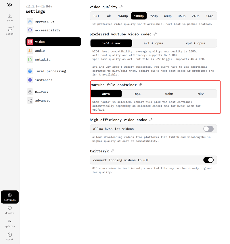 Settings in Cobalt