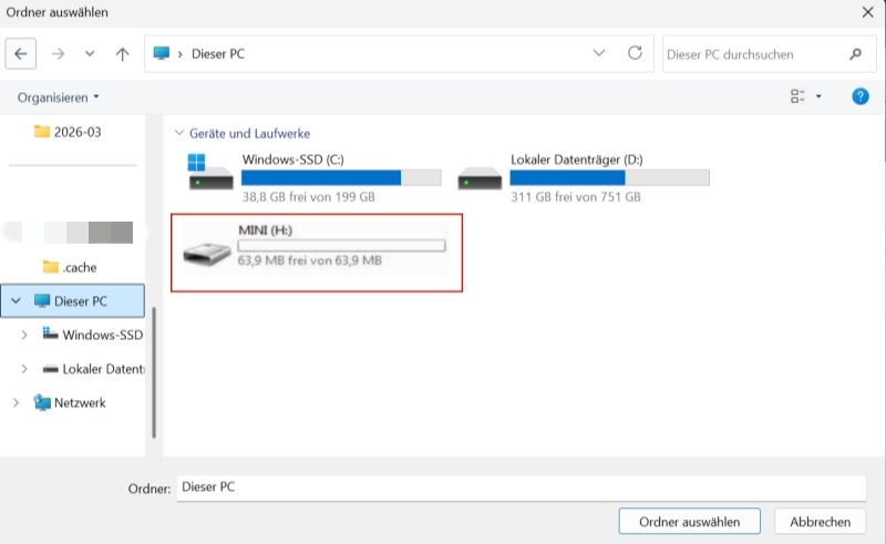  USB-Ordner als Ausgabeordner in VideOne festlegen