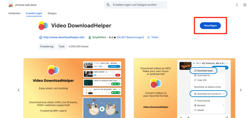 Video Downloadhelper zum Browser hinzufügen