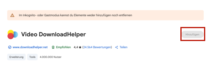 Video DownloadHelper zur Erweiterungen hinzufügen 