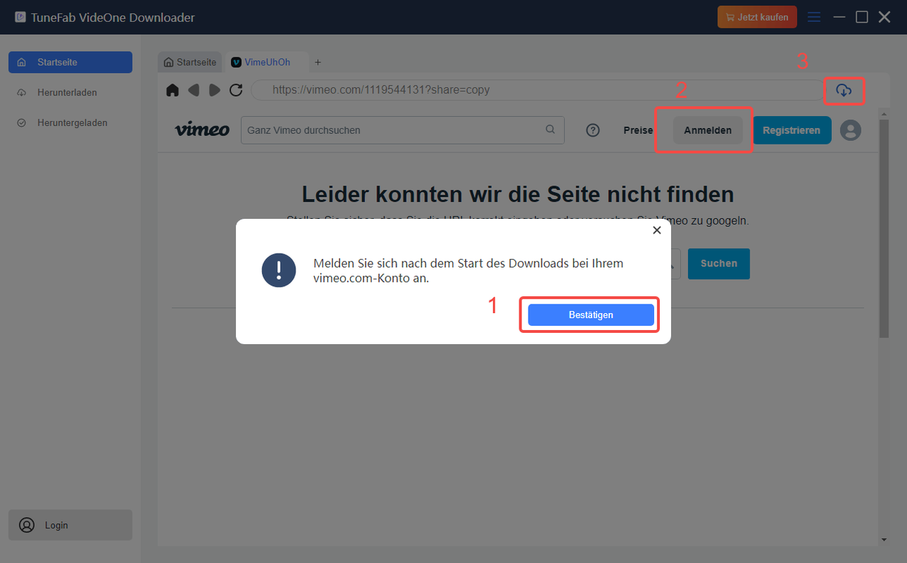 Viemo-Konto anmelden