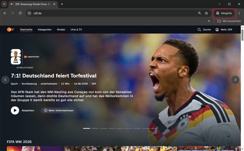 ZDF im Inkognito-Modus testen